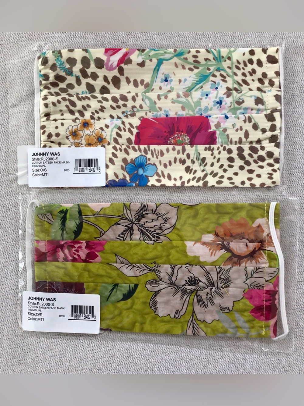 Johnny Was NWT Cotton Face Masks Duo Green & Pink Floral & Beige Animal Print